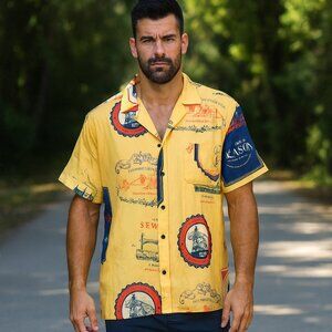 NWT Reason‎ Shirt Men M Yellow Sewing Button Up Geometric Streetwear Camp Artsy
